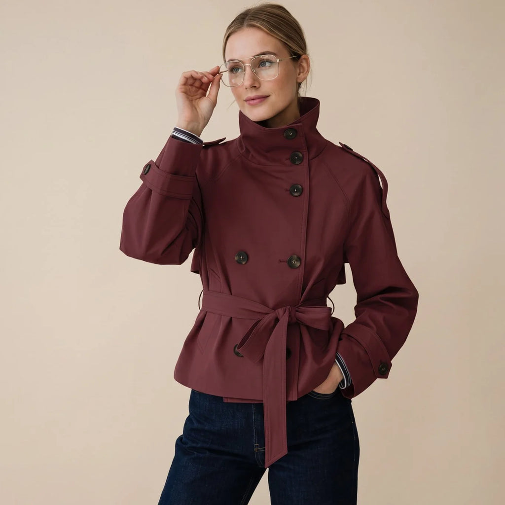 Chestnut Brown Women's Short Trench Coat with Double-Breasted Button Front & Tailored Waist Belt - Studio Hand G...