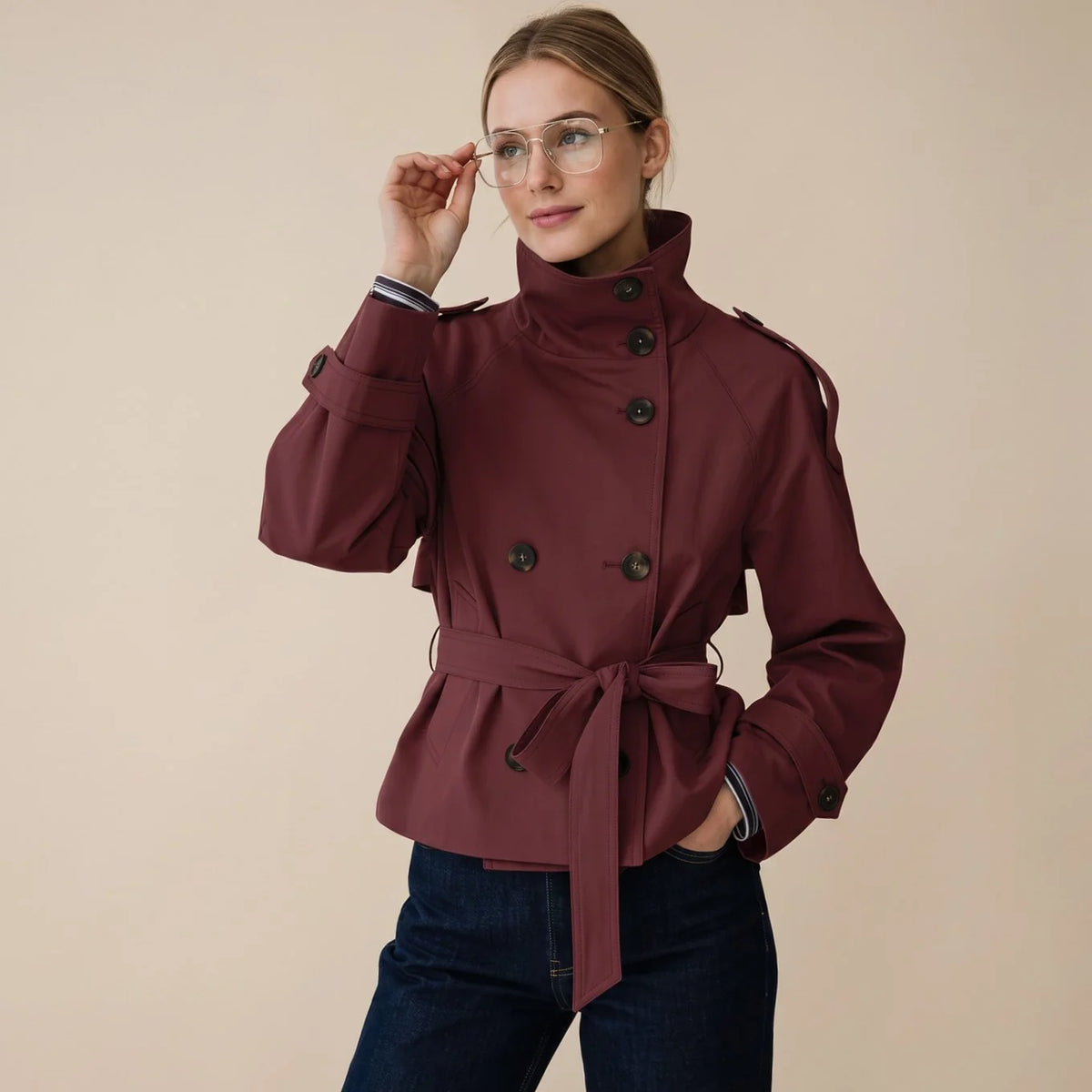 Chestnut Brown Women's Short Trench Coat with Double-Breasted Button Front & Tailored Waist Belt - Studio Hand G...