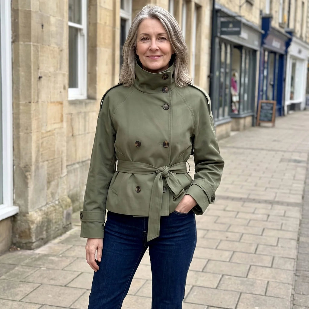 Olive Green Women's Short Trench Coat with Double-Breasted Button Front & Tailored Waist Belt — Blakely - Outdoor Street Pose