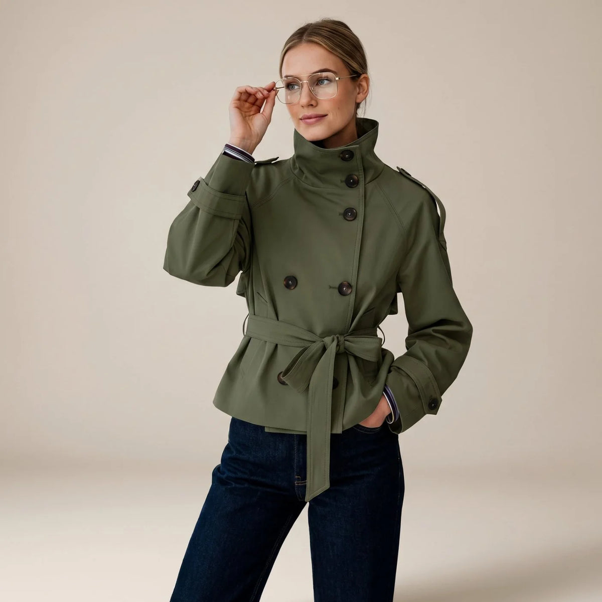 Olive Green Women's Short Trench Coat with Double-Breasted Button Front & Tailored Waist Belt — Blakely - Studio Front Pose