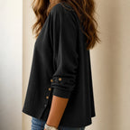 Black Women's Linen Blend Top with Side-Button Detail & Relaxed Fit