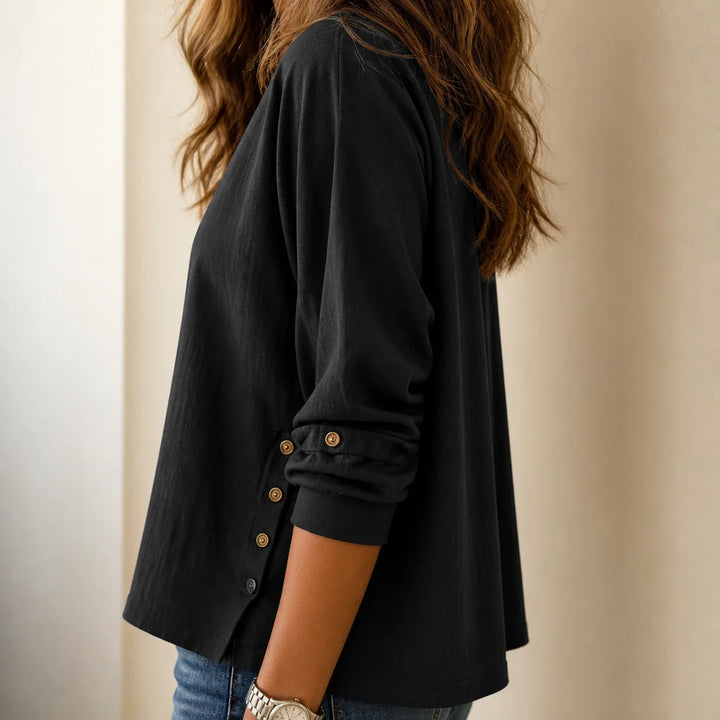 Black Women's Linen Blend Top with Side-Button Detail & Relaxed Fit