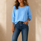 Blue Women's Linen Blend Top with Side-Button Detail & Relaxed Fit