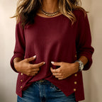 Burgundy Women's Linen Blend Top with Side-Button Detail & Relaxed Fit