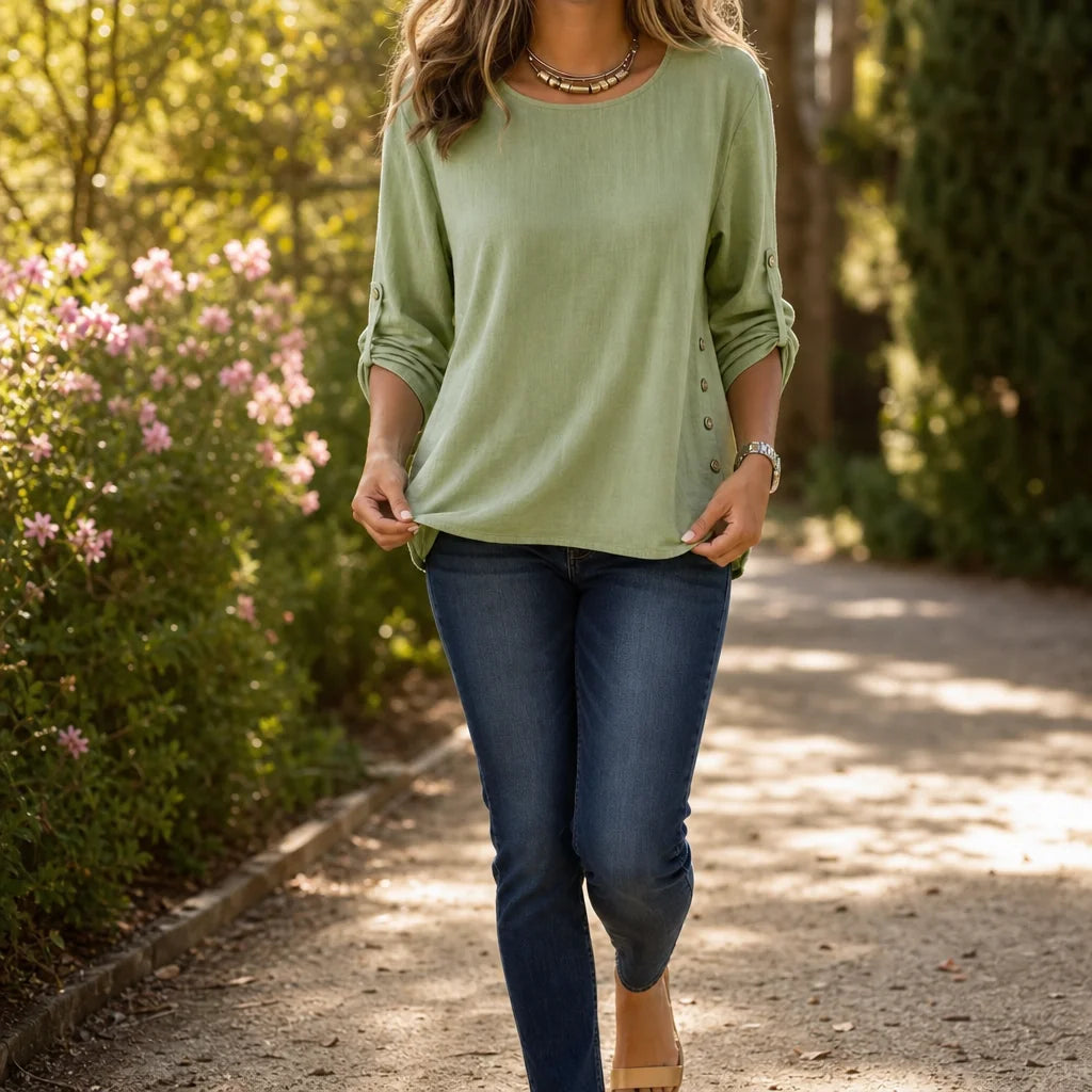 Green Women's Linen Blend Top with Side-Button Detail & Relaxed Fit — Faye - Front Garden Walk