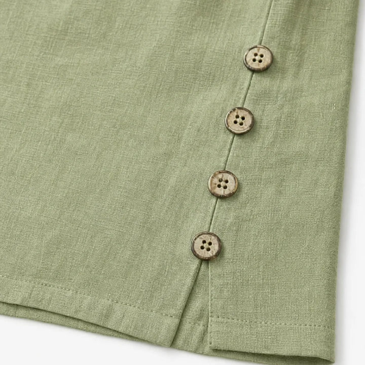 Green Women's Linen Blend Top with Side-Button Detail & Relaxed Fit — Faye - Hem Button Detail