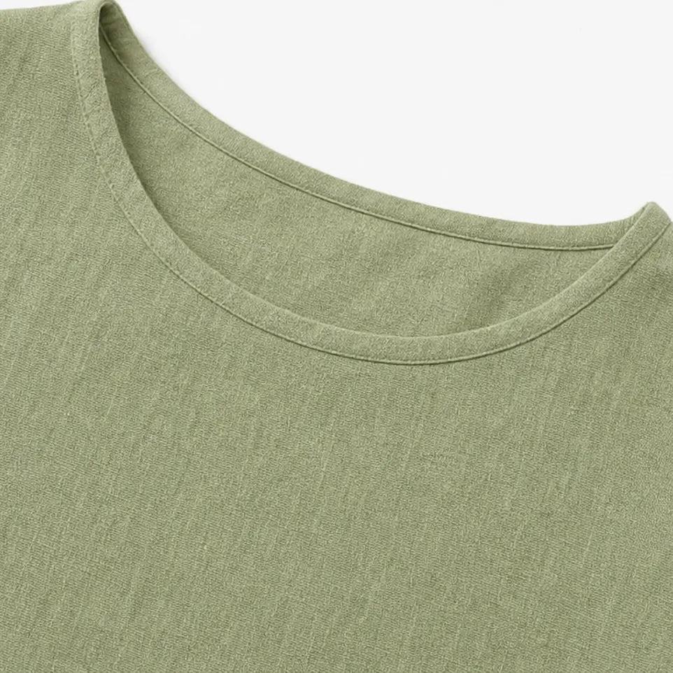 Green Women's Linen Blend Top with Side-Button Detail & Relaxed Fit — Faye - Neckline Closeup