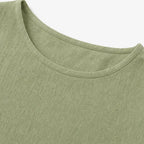 Green Women's Linen Blend Top with Side-Button Detail & Relaxed Fit — Faye - Neckline Closeup