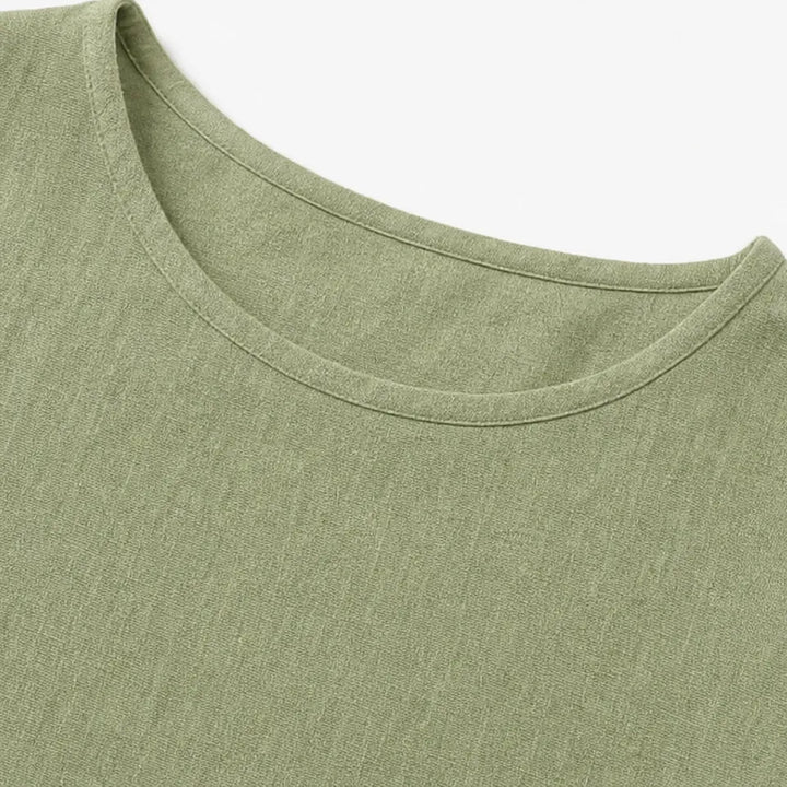 Green Women's Linen Blend Top with Side-Button Detail & Relaxed Fit — Faye - Neckline Closeup