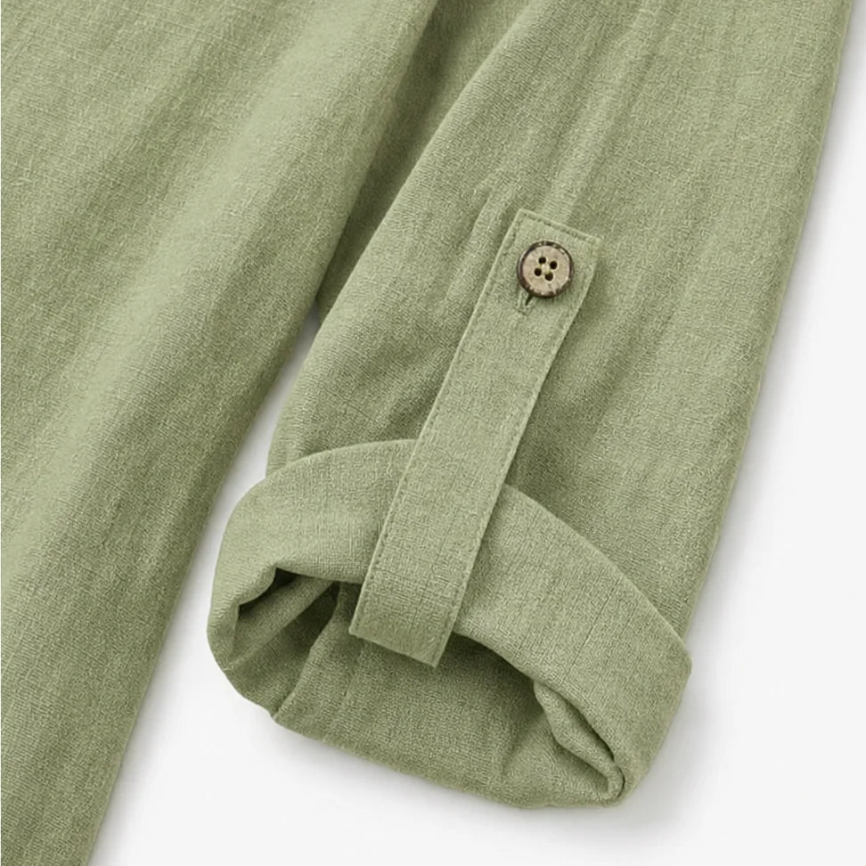 Green Women's Linen Blend Top with Side-Button Detail & Relaxed Fit — Faye - Sleeve Tab Detail