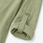 Green Women's Linen Blend Top with Side-Button Detail & Relaxed Fit — Faye - Sleeve Tab Detail