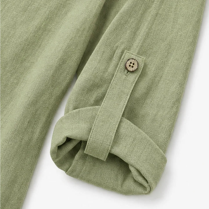 Green Women's Linen Blend Top with Side-Button Detail & Relaxed Fit — Faye - Sleeve Tab Detail