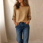 Khaki Women's Linen Blend Top with Side-Button Detail & Relaxed Fit — Faye - Front Studio