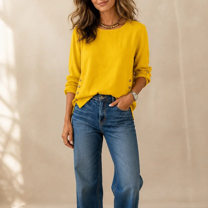 Yellow Women's Linen Blend Top with Side-Button Detail & Relaxed Fit
