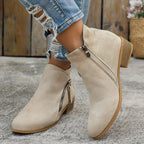 Beige Women's Suede Side Zip Boots with Pointed Toe & Stacked Heel — Catherine - Close Up Side