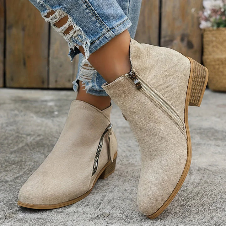 Beige Women's Suede Side Zip Boots with Pointed Toe & Stacked Heel — Catherine - Close Up Side