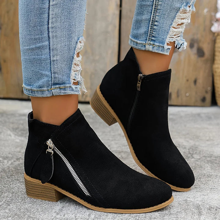 Black Women's Suede Side Zip Boots with Pointed Toe & Stacked Heel - Front Full Alt