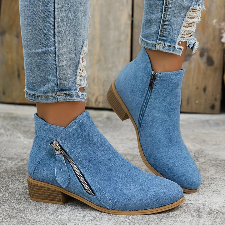 Blue Women's Suede Side Zip Boots with Pointed Toe & Stacked Heel - Front Full