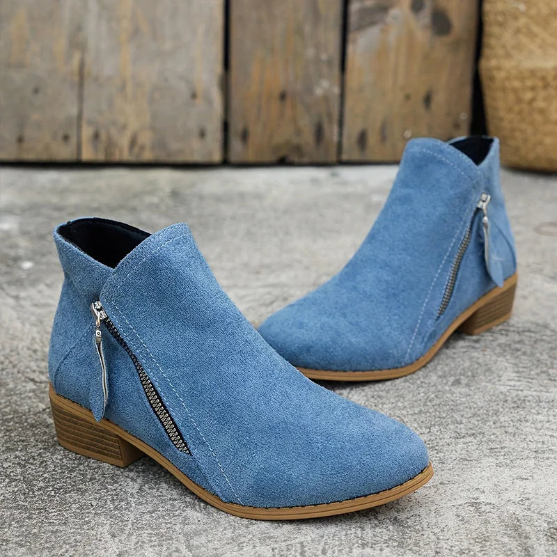 Blue Women's Suede Side Zip Boots with Pointed Toe & Stacked Heel — Catherine - Pair Side View