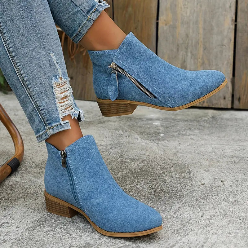 Blue Women's Suede Side Zip Boots with Pointed Toe & Stacked Heel — Catherine - Side Pose