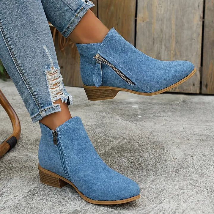 Blue Women's Suede Side Zip Boots with Pointed Toe & Stacked Heel — Catherine - Side Pose