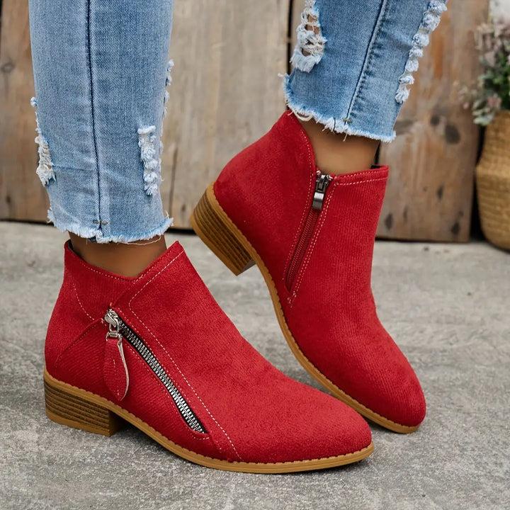 Red Women's Suede Side Zip Boots with Pointed Toe & Stacked Heel - Worn Lifestyle