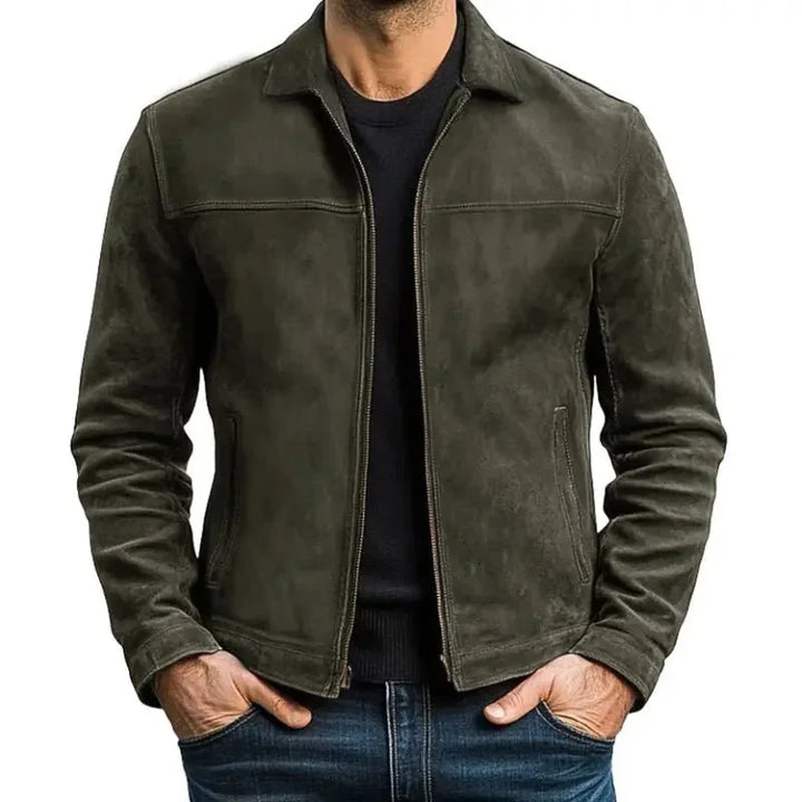 Army Green Men's Slim Fit Biker Jacket in Suede Leather with Zip Front & Pockets - Front Full Zipped