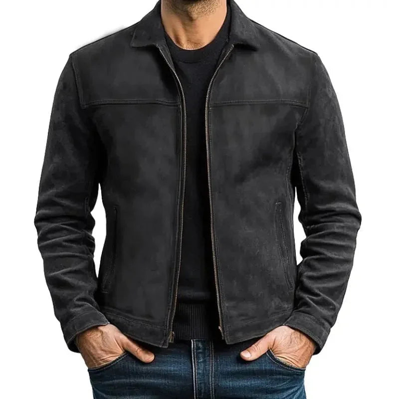 Black Men's Slim Fit Biker Jacket in Suede Leather with Zip Front & Pockets