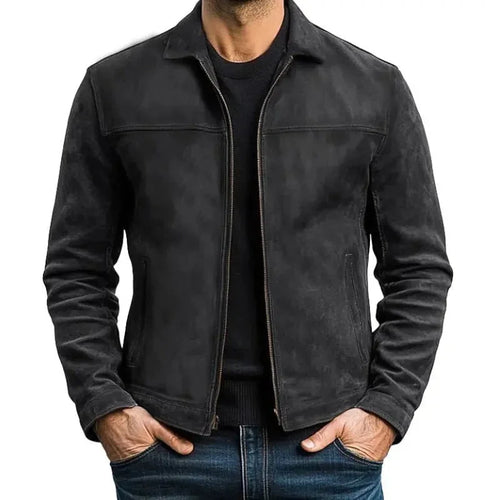 Black Men's Slim Fit Biker Jacket in Suede Leather with Zip Front & Pockets