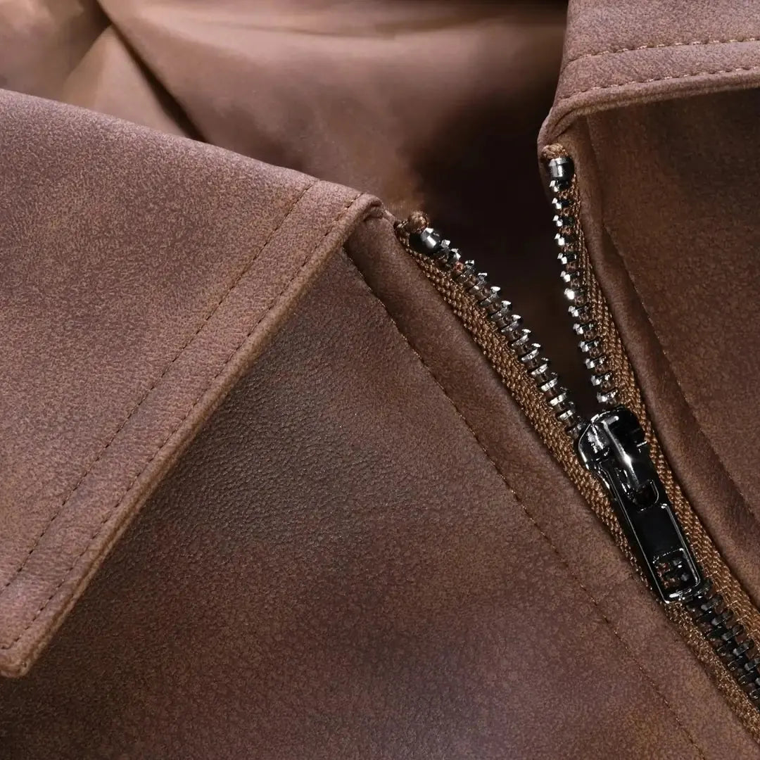 Brown Men's Slim Fit Biker Jacket in Suede Leather with Zip Front & Pockets — Elliot - Collar Zipper Close Up