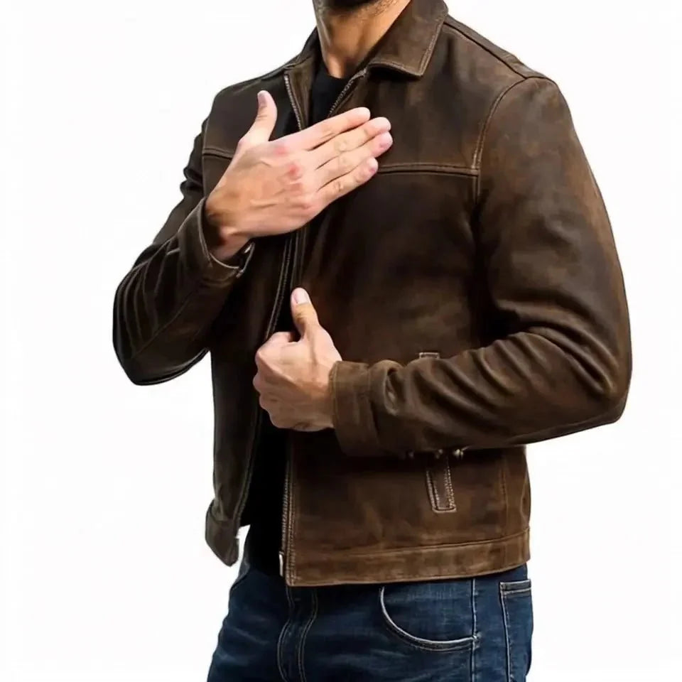 Brown Men's Slim Fit Biker Jacket in Suede Leather with Zip Front & Pockets — Elliot - Side Pose Detail