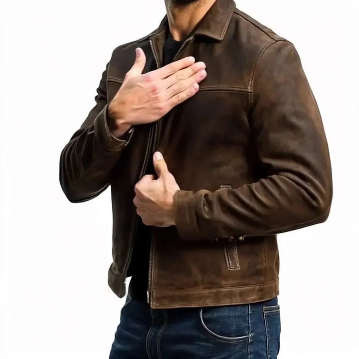 Brown Men's Slim Fit Biker Jacket in Suede Leather with Zip Front & Pockets — Elliot - Side Pose Detail