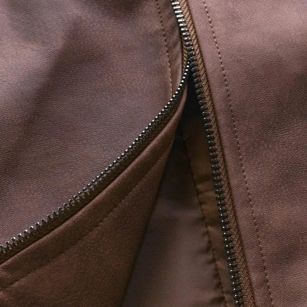Brown Men's Slim Fit Biker Jacket in Suede Leather with Zip Front & Pockets — Elliot - Zipper Detail