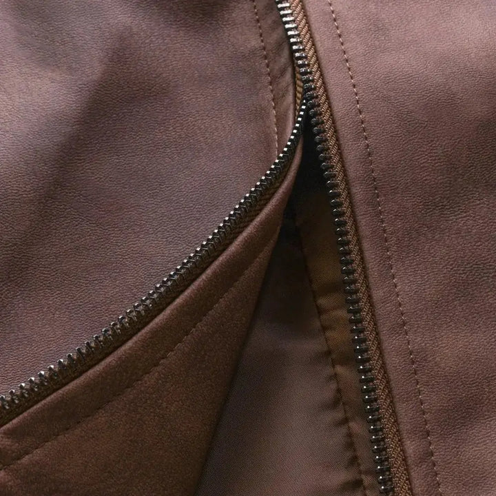 Brown Men's Slim Fit Biker Jacket in Suede Leather with Zip Front & Pockets — Elliot - Zipper Detail