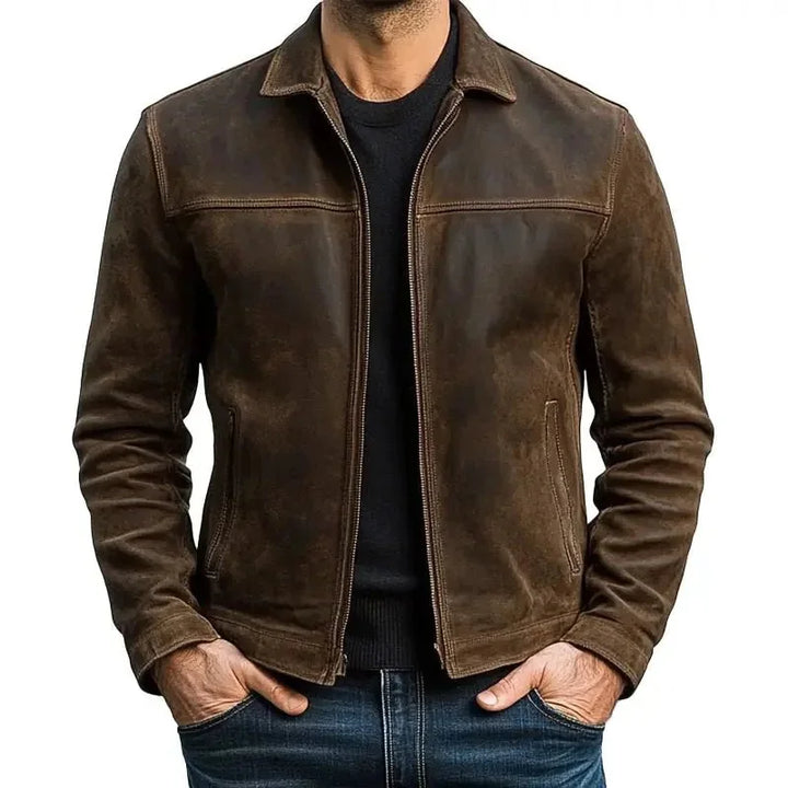 Brown Men's Slim Fit Biker Jacket in Suede Leather with Zip Front & Pockets