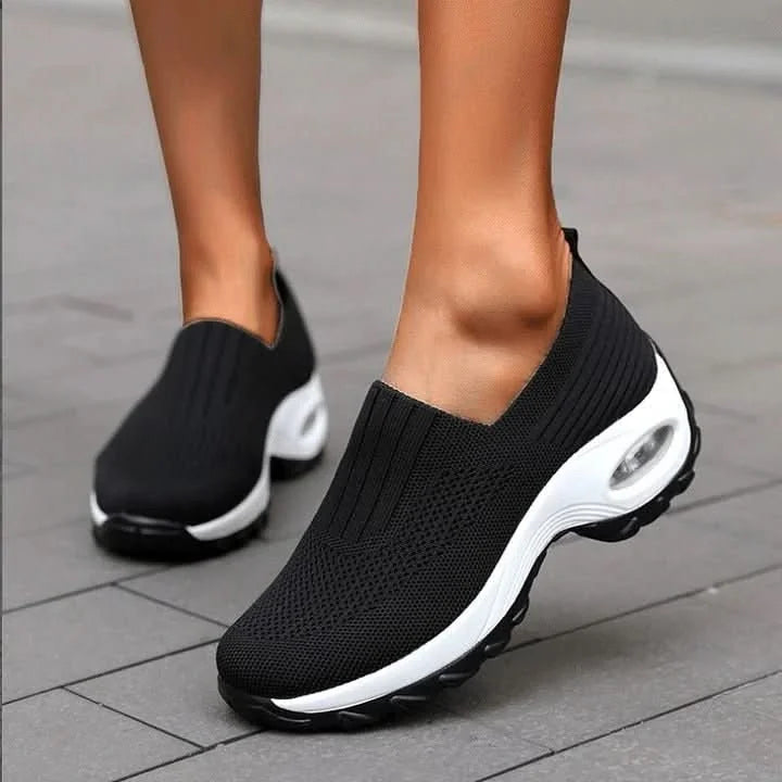 Black Women's Slip On Shoes with Cushioned Footbed & Arch Support - Side Walking