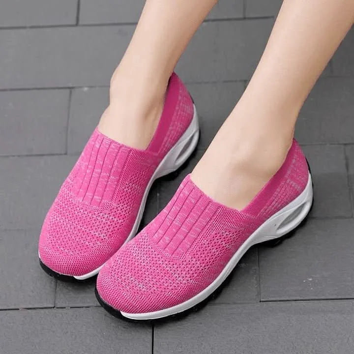 Pink Women's Slip On Shoes with Cushioned Footbed & Arch Support - Front Pair Closeup