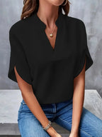 Black Women's Everyday Split-Neck Blouse with Flutter Sleeves — Brittany - Front Close Up