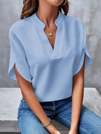 Blue Women's Everyday Split-Neck Blouse with Flutter Sleeves — Brittany - Front View