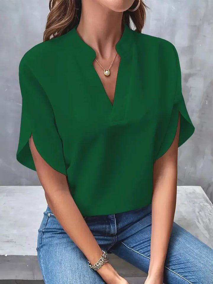 Green Women's Everyday Split-Neck Blouse with Flutter Sleeves — Brittany - Model Pose