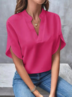 Pink Women's Everyday Split-Neck Blouse with Flutter Sleeves — Brittany - Front Detail