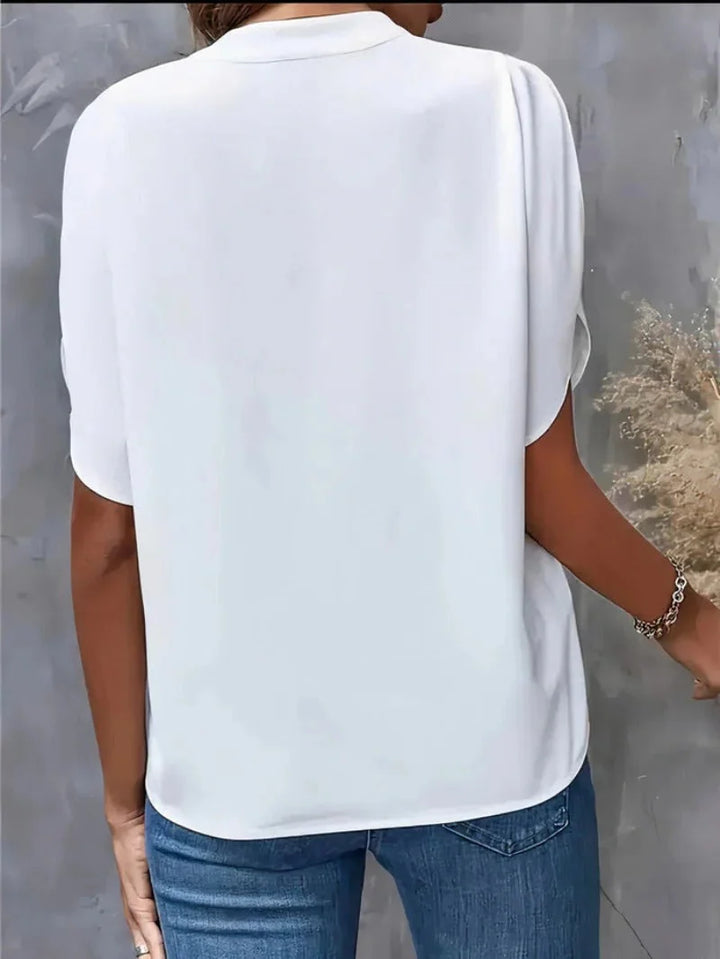 White Women's Everyday Split-Neck Blouse with Flutter Sleeves — Brittany - Back Detail