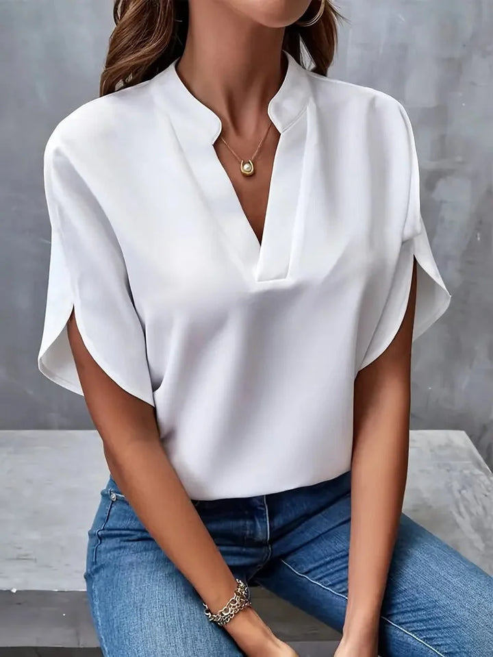 White Women's Everyday Split-Neck Blouse with Flutter Sleeves — Brittany - Front Full