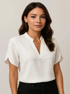 White Women's Everyday Split-Neck Blouse with Flutter Sleeves — Brittany - Studio