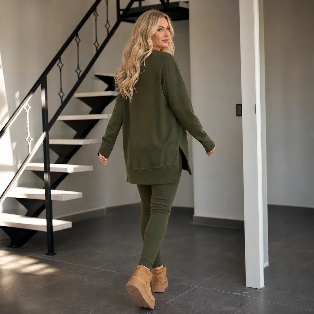 Women's Top and Pants Set with Split-Sleeve Design & Ribbed Knit Leggings - Green Back Full Walking