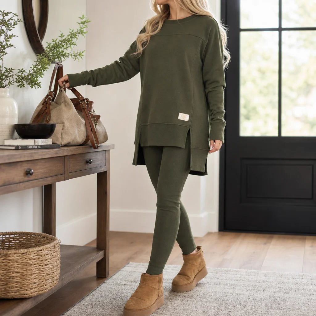 Women's Top and Pants Set with Split-Sleeve Design & Ribbed Knit Leggings - Green Entryway Pose With Bag