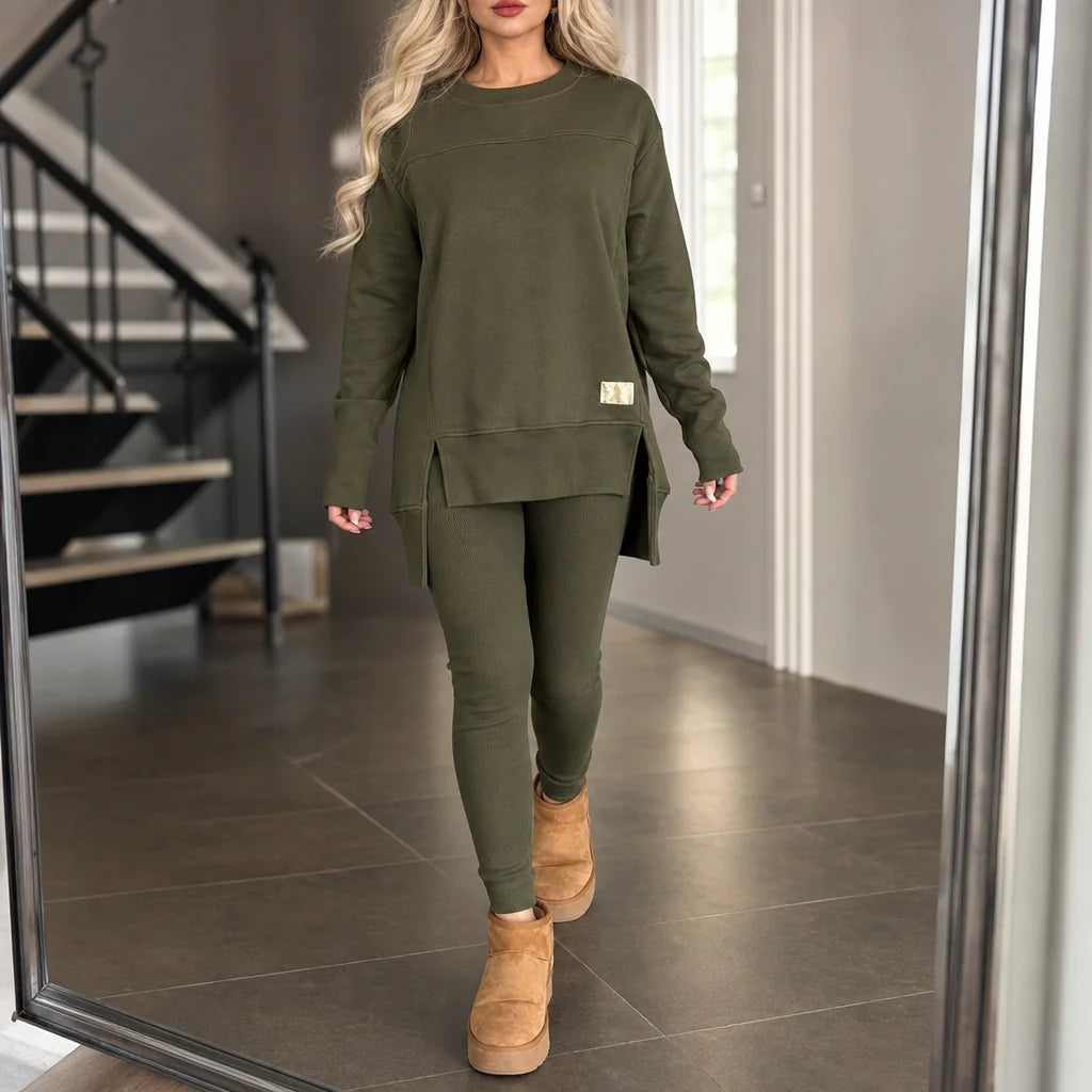Army Green Women's Top and Pants Set with Split-Sleeve Design & Ribbed Knit Leggings - Front Full Walking