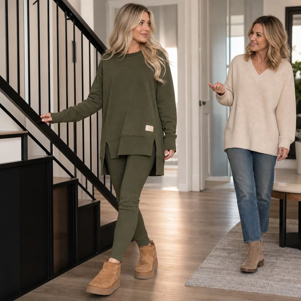 Women's Top and Pants Set with Split-Sleeve Design & Ribbed Knit Leggings - Green Group Walking Hallway