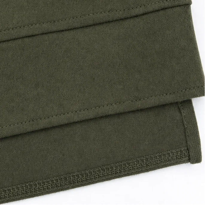 Women's Top and Pants Set with Split-Sleeve Design & Ribbed Knit Leggings - Green Hem Fold Detail