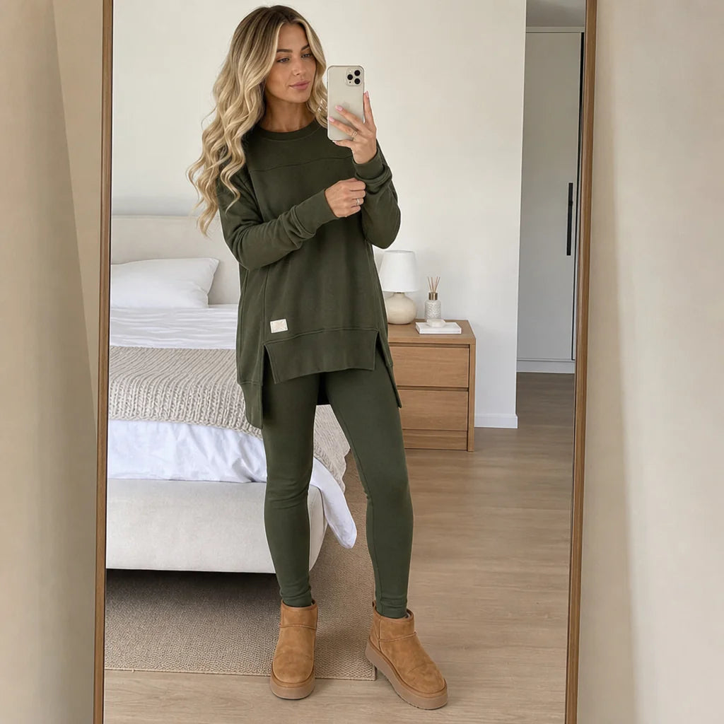 Women's Top and Pants Set with Split-Sleeve Design & Ribbed Knit Leggings - Green Mirror Selfie Bedroom